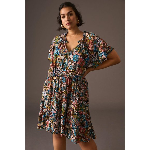 Anthropologie Dresses & Skirts - Anthropologie Size 1x Robin Tiered Mini Dress Peach  Floral Paisley Short Sleeve